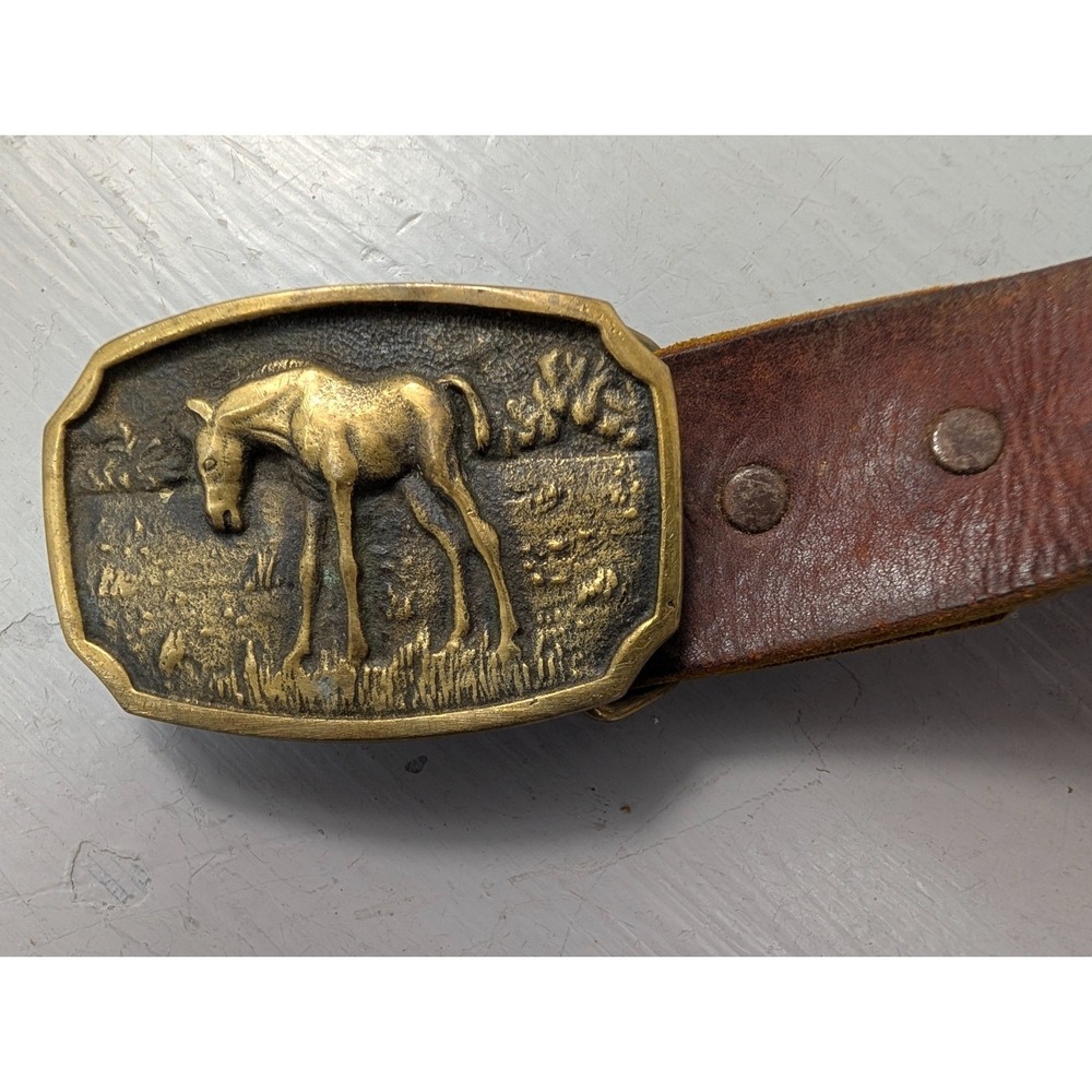 Solid Brass BTS Leather Belt Horse Brown Made In USA 44" Long 1978 Western - Picture 3 of 6